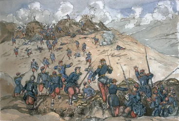 Atak na Bastion Centralny przez wojska francuskie pod dowództwem generała Desallesa podczas oblężenia Sewastopola, z albumu obrazów i szkiców znanego jako „Krym Cadogana”, 1854-56
